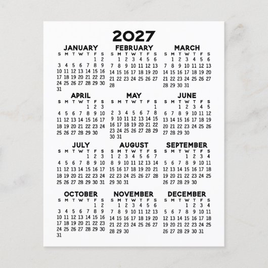 Calendrier Mini Vue Annuelle Complète Feuille Plat (Devant)