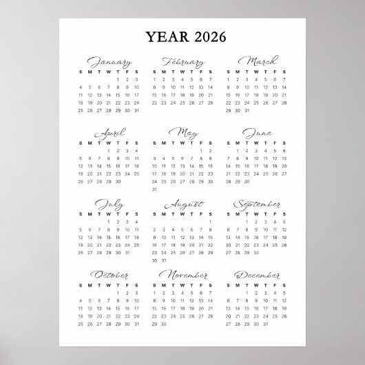 Calendrier Minimaliste 2026 Poster (Devant)