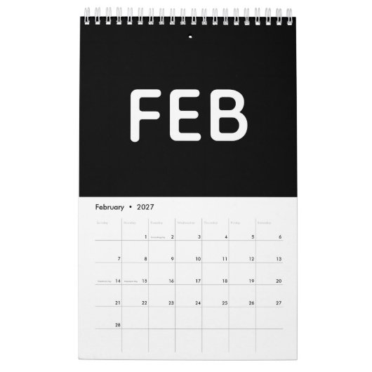 Calendrier Minimaliste Noir et Blanc Simple (Feb 2027)