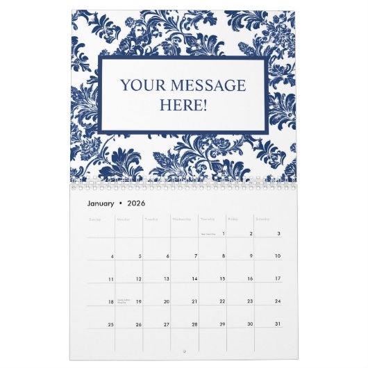 Calendrier Modèle bleu Damas de la marine classique (Jan 2026)