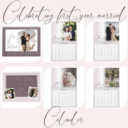 Calendrier Modern Chic Script Newlywed Pink Photo Calendar