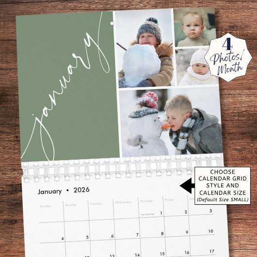 Calendrier Modern Minimal Green 4 Photos Per Month