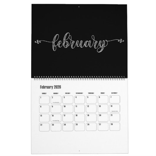 Calendrier moderne Funky noir et blanc (Feb 2026)