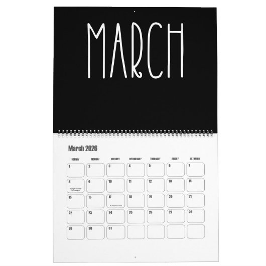 Calendrier moderne noir et blanc (Mar 2026)
