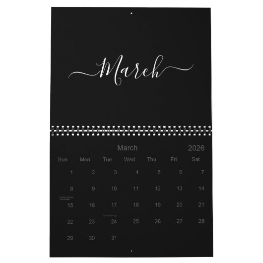 Calendrier Moderne simple noir blanc script mois 2024 (Mar 2026)
