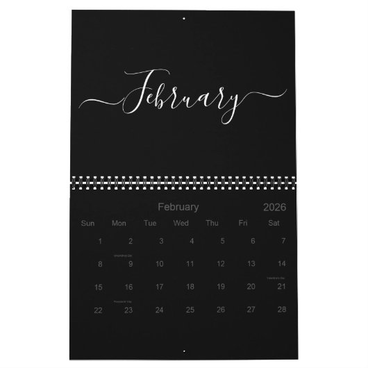 Calendrier Moderne simple noir blanc script mois 2024 (Feb 2026)
