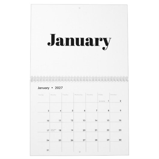 Calendrier Mois de typographie moderne blanc noir gras 2024 (Jan 2027)