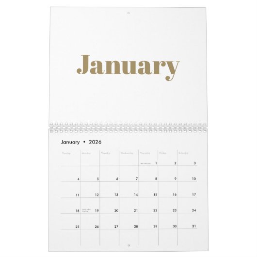 Calendrier Mois de typographie moderne or blanc audacieux 202 (Jan 2026)