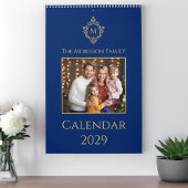 Calendrier Monogram & Crest Royal Blue Faux Gold Family Photo