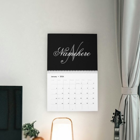 Calendrier Monogramme de nom noir et blanc personnalisé uniqu