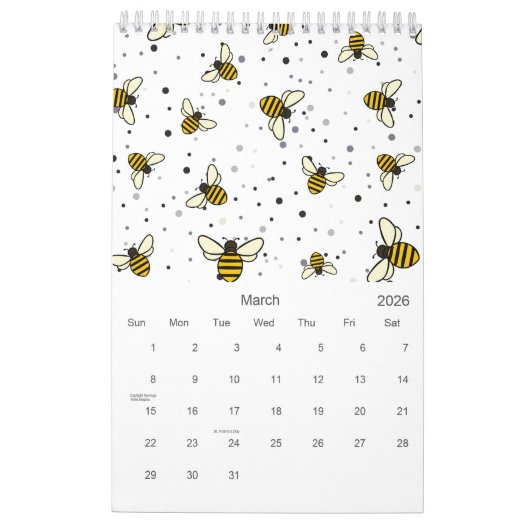 Calendrier motif d'abeille 2026 (Mar 2026)