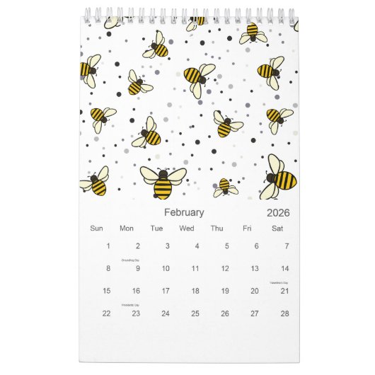 Calendrier motif d'abeille 2026 (Feb 2026)