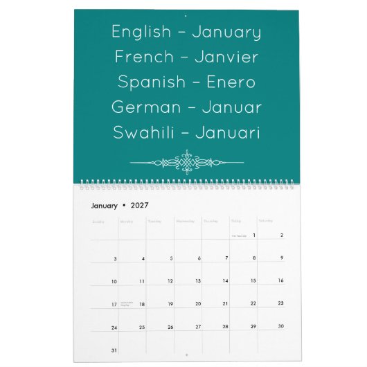 Calendrier multilingue sarcelle (Jan 2027)