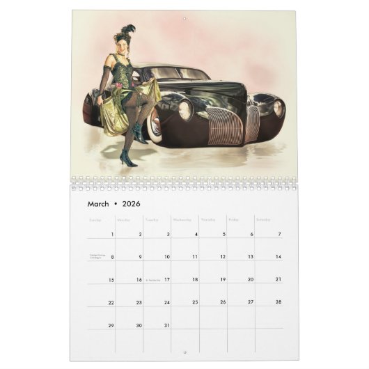 Calendrier mural de hot rod et rétros pin-up (Mar 2026)