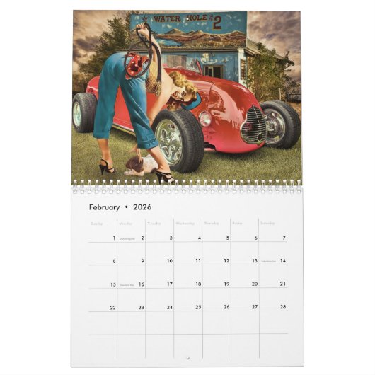 Calendrier mural de hot rod et rétros pin-up (Feb 2026)