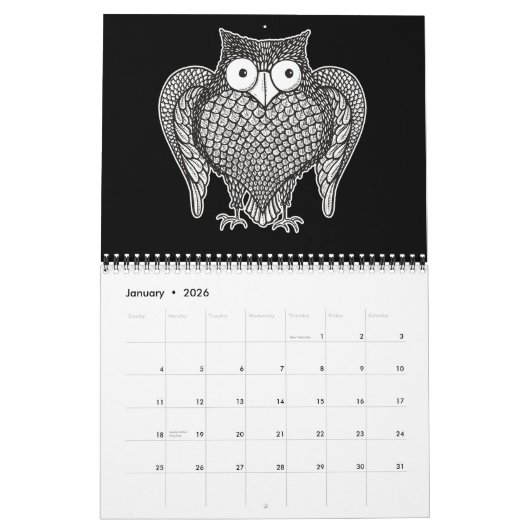 Calendrier Mural Dessin de croquis de hibou (Jan 2026)