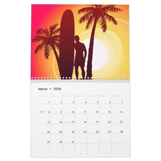 Calendrier Mural Longboard et palmiers (Mar 2026)