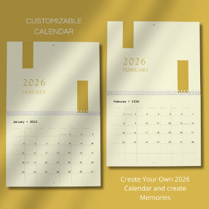 Calendrier mural minimaliste moderne 2026 en or