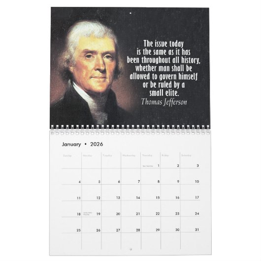 Calendrier Mural Thomas Jefferson cite avec une photo présidentiell (Jan 2026)