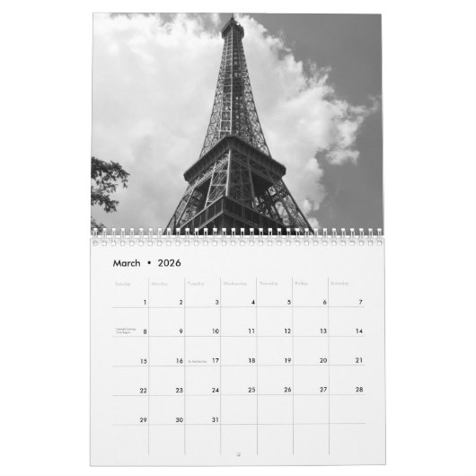 Calendrier Mural Tour Eiffel Paris Noir & Blanc (Mar 2026)