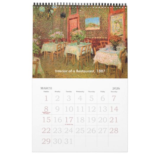 Calendrier Mural Vincent van Gogh Intérieurs, Extérieurs des bâtime (Mar 2026)