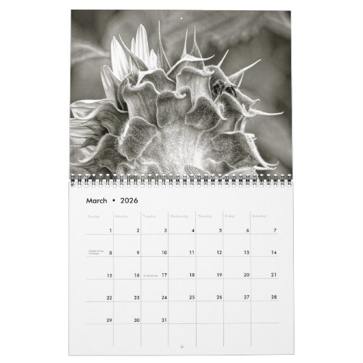 Calendrier Nature en noir et blanc (Mar 2026)