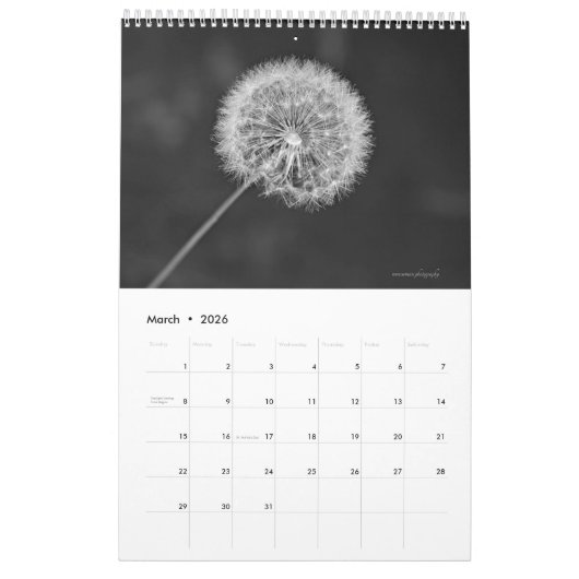 Calendrier Nature en noir et blanc (Mar 2026)