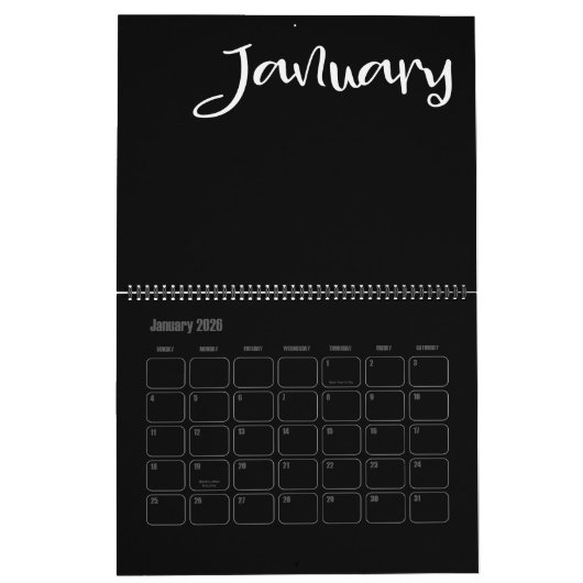 Calendrier Noir moderne et blanc rempli (Jan 2026)