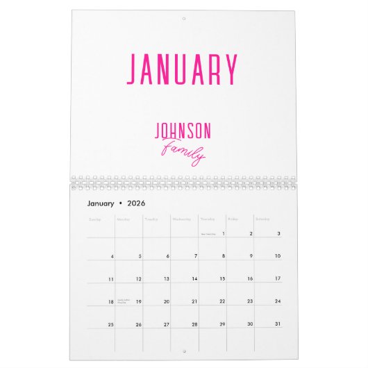 Calendrier Nom de famille simple Hot rose (Jan 2026)
