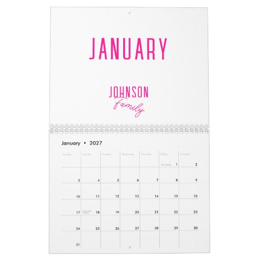 Calendrier Nom de famille simple Hot rose (Jan 2027)