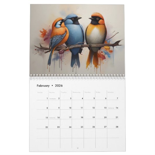 Calendrier Oiseaux aquarelle art (Feb 2026)