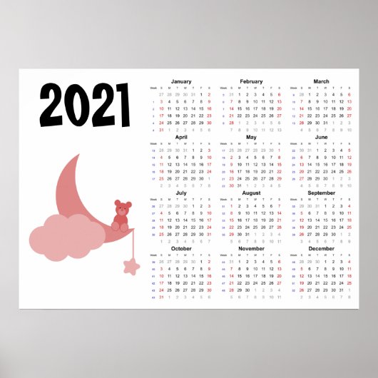 Calendrier Ourson 2021 Affiche - Début le dimanche (Devant)