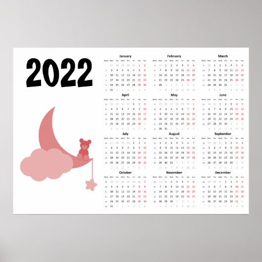 Calendrier Ourson 2022 Affiche - Début lundi (Devant)