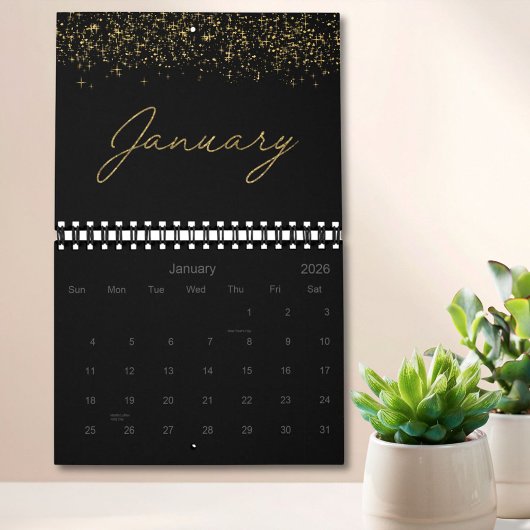 Calendrier Paillettes noires et dorées Élégant Moderne Script