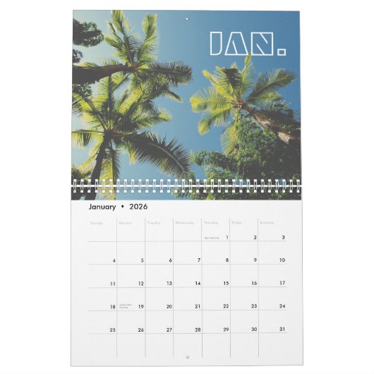 Calendrier Palm Tree Blue Sky Retro Vibe d'été (Jan 2026)