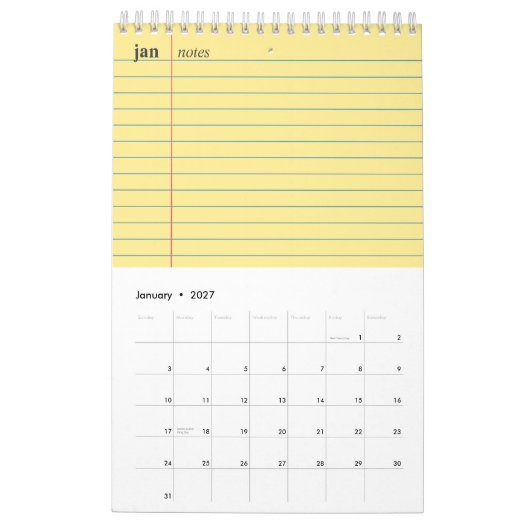 Calendrier Papier de cahier jaune ligné section notes (Jan 2027)