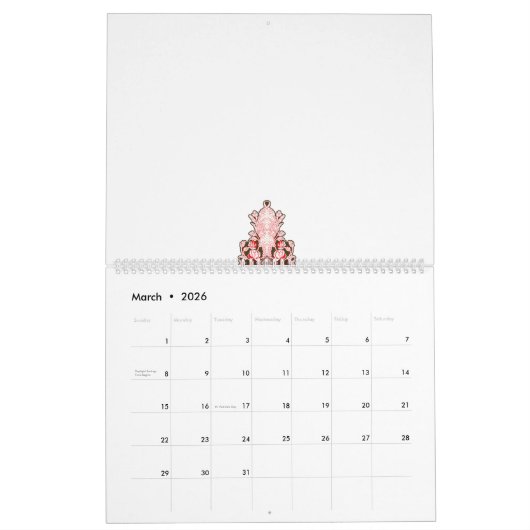 Calendrier papier peint design d'intérieur fleurs rouges, dos (Mar 2026)