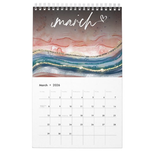 Calendrier Parties scintillant d'aquarelle en marbre bleu Ros (Mar 2026)