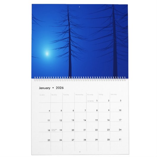 Calendrier Paysage esthétique forestier imaginaire bleu foncé (Jan 2026)