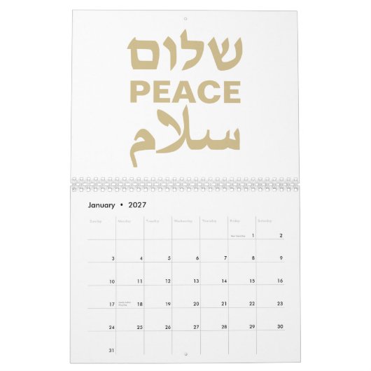 Calendrier Peace Shalom Salaam or blanc typographie moderne (Jan 2027)