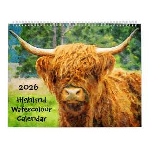 Calendrier Peintures à l'aquarelle de vaches Highland 2026