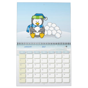 Calendrier Petit manchot assis avec des boules de neige