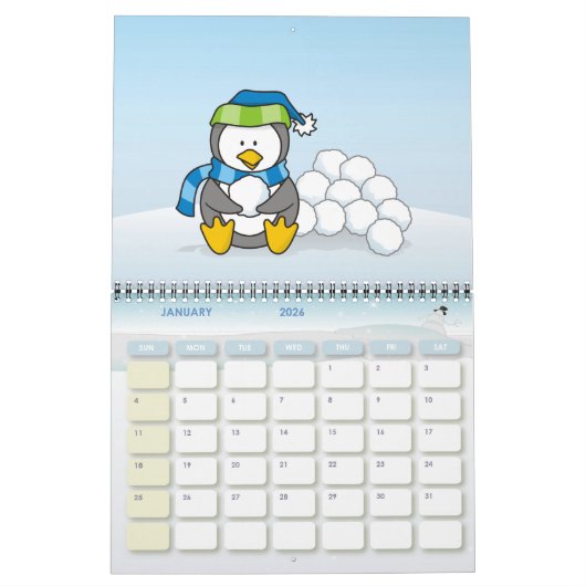 Calendrier Petit pingouin assis avec des boules de neige (Jan 2026)