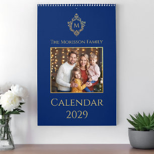 Calendrier Photo de famille avec monogramme et blason bleu ro