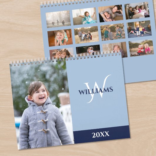Calendrier Photo Monogramme Moderne Bleu Clair