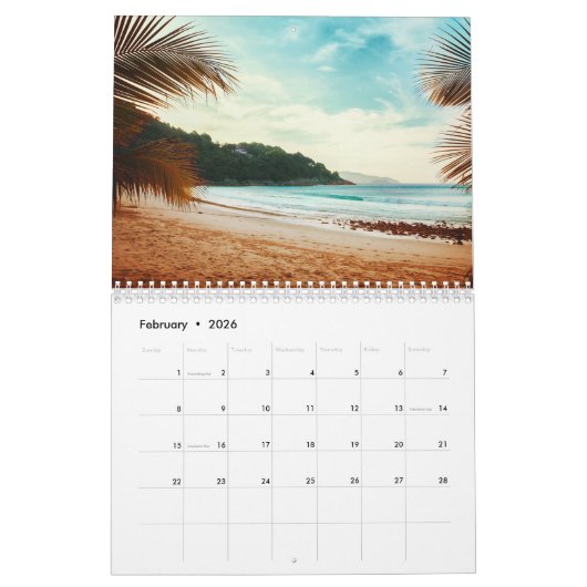 Calendrier Plage Scène Oasis tropicale (Feb 2026)