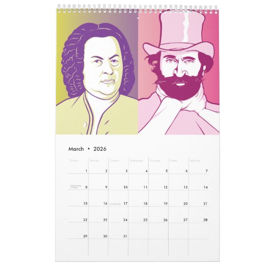 Calendrier Portraits de compositeurs classiques, Style de des (Mar 2026)