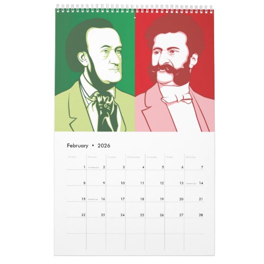 Calendrier Portraits de compositeurs classiques, Style de des (Feb 2026)