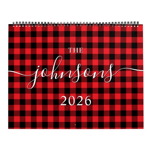 Calendrier Red Buffalo Plaid Modern Script Nom Photo (Protection)