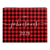 Calendrier Red Buffalo Plaid Modern Script Nom Photo (Protection)